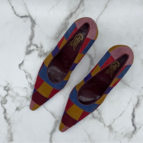 CARLOS SANTANA suede patchwork pointy toes Carnival heels NWT - Picture 2 of 5